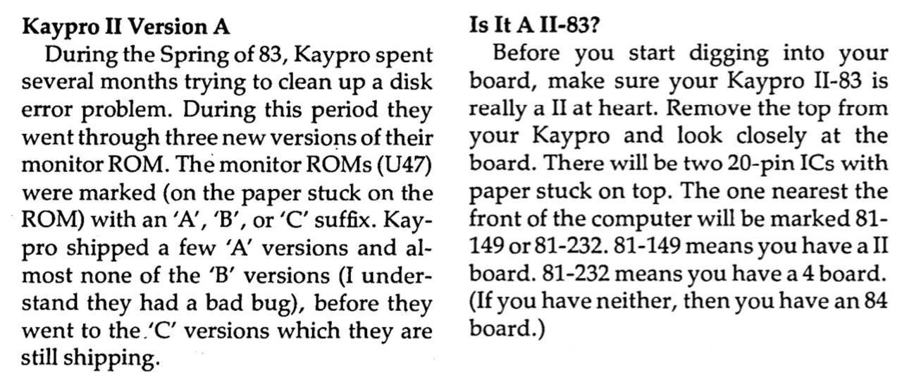 Kaypro II/83 ROM versions